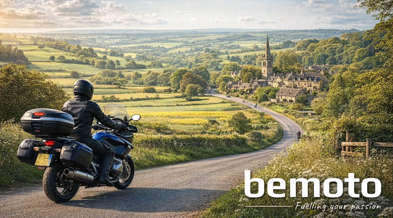 A motorcyclist pauses on a gently winding country road overlooking a traditional English village and rolling green hills, capturing the calm, scenic character of a weekend ride from London to Oxford. The image reflects the appeal of avoiding motorways in favour of quieter backroads, historic villages, and open countryside that make this route a favourite for relaxed weekend riding. The BeMoto "fuelling your passion" logo sits in the bottom right corner in white.