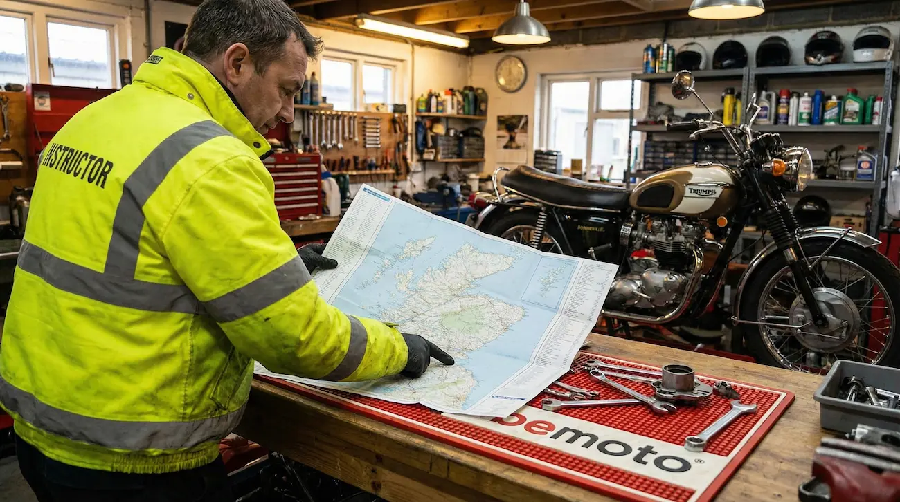 An instructor explaining route planning for advanced riders.