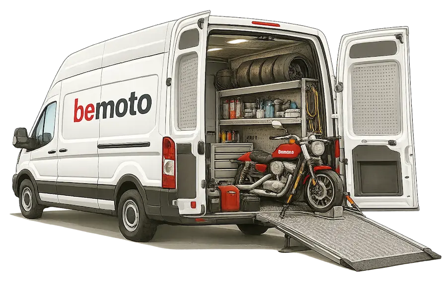 Race transporter van with rear loading ramp, internal racking and race bike inside, insured under specialist race transporter insurance