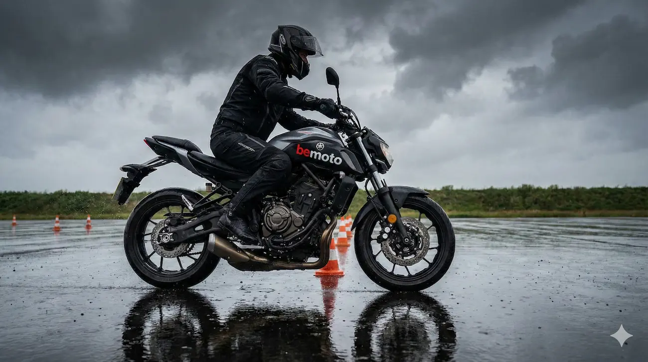 A rider practicing skills for the BeMoto Rider Academy in wet weather