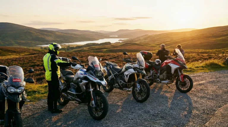 Bikers taking a break during a Rider Refinement course in Scotland.