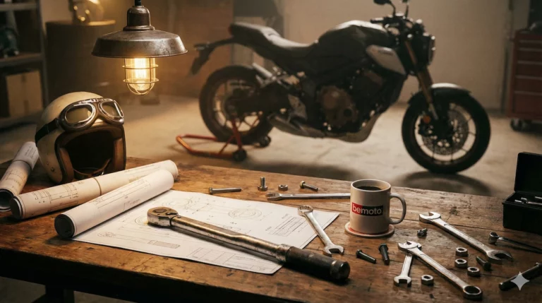 Workshop bench with tools and blueprints introducing the BeMoto Rider Academy
