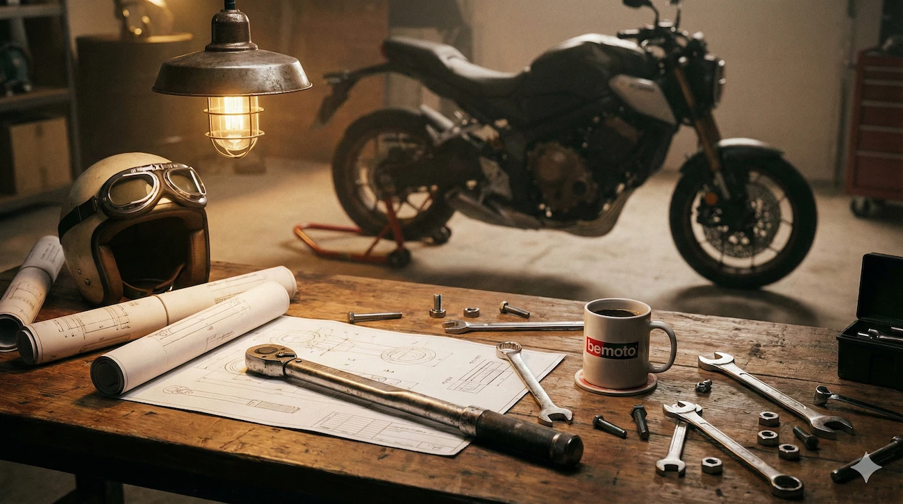 Workshop bench with tools and blueprints introducing the BeMoto Rider Academy
