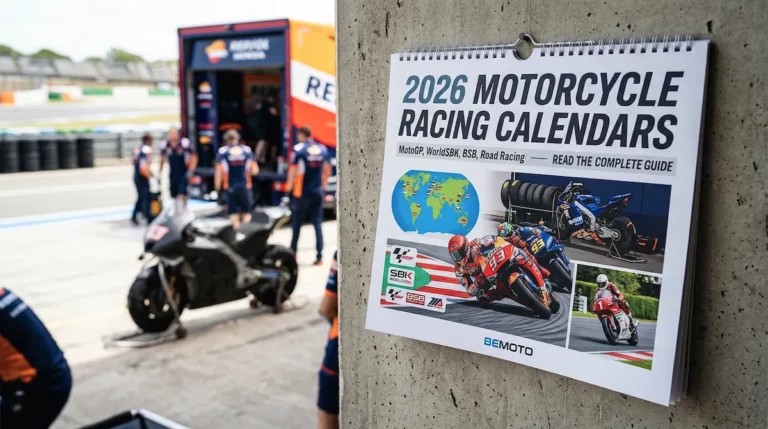 2026 Motorcycle Racing Calendars including MotoGP, WorldSBK, and BSB with BeMoto branding.