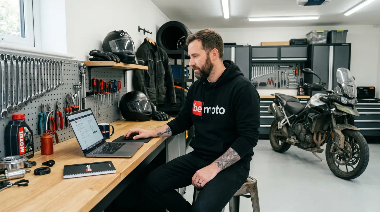 A rider checking his insurance options on a laptop in the garage.