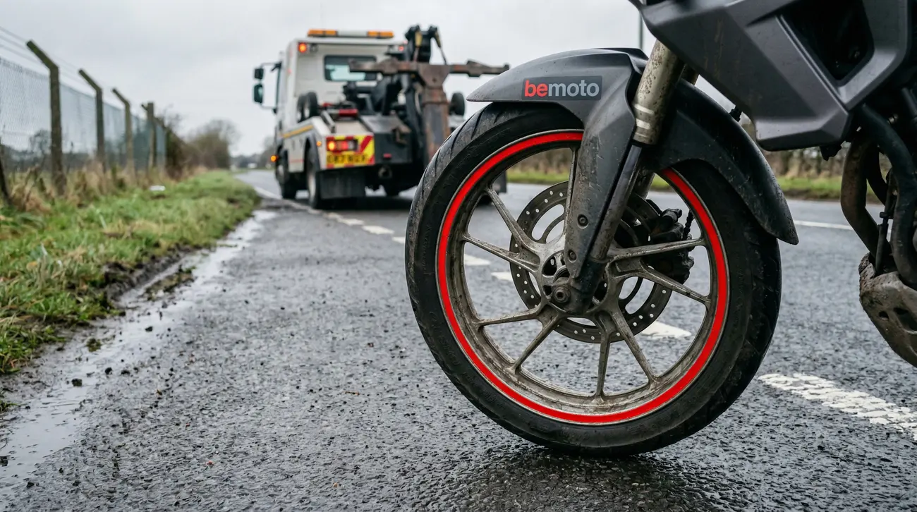 A bike on the roadside waiting for recovery in typical British weather.