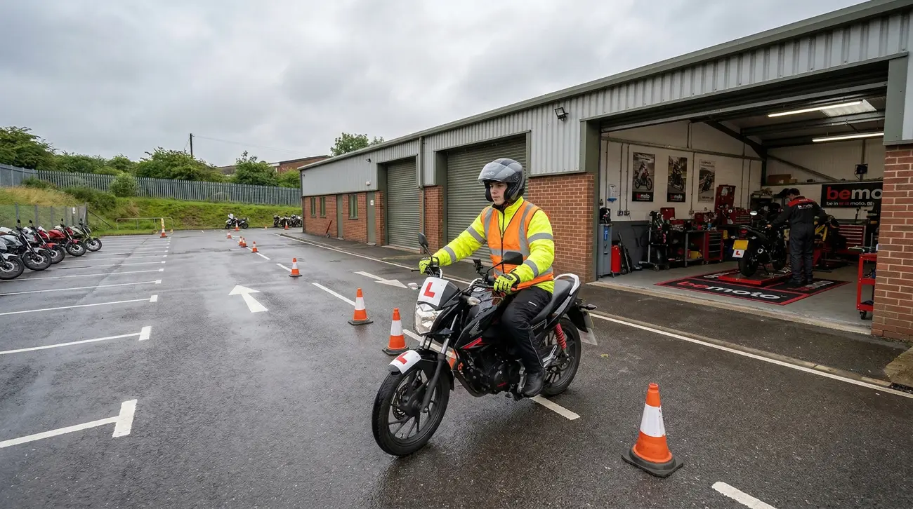 A learner rider practicing for their CBT as part of getting a motorbike licence.
