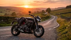 A rider preparing to learn how to get a motorbike licence in the uk on a country road.
