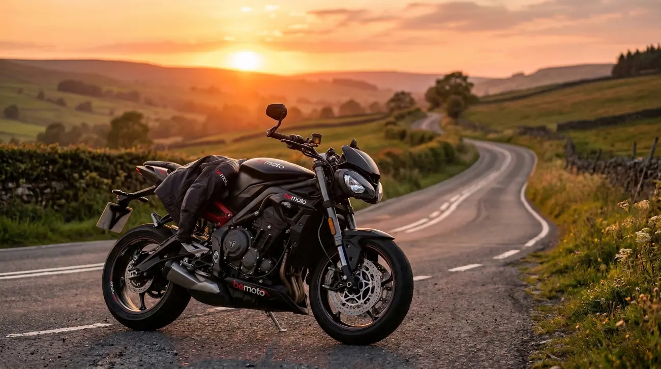 A rider preparing to learn how to get a motorbike licence in the uk on a country road.