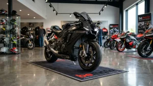 A new sports bike in a showroom illustrating the need for Motorbike Gap Insurance.