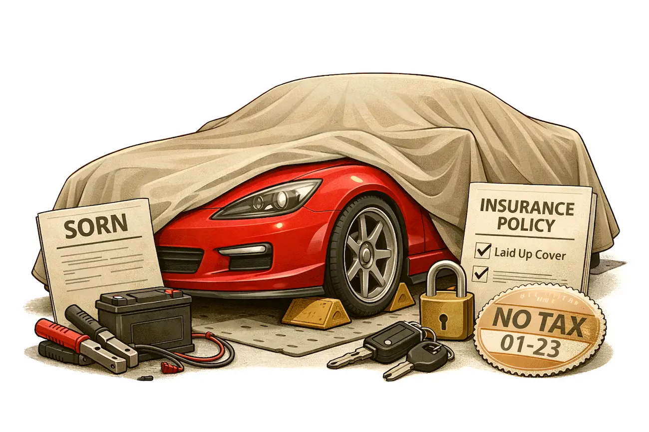 Illustration of a red car partially covered with a protective sheet to represent SORN and laid up car insurance cover while the vehicle is stored off the road.