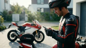 A photograph of a male motorcyclist in full black and red riding gear and a helmet, looking down at his smartphone in a residential driveway. A blurred red and white sports motorcycle is parked in the background behind him, and a black tail bag with a logo is visible on the tail of another motorcycle in the foreground.