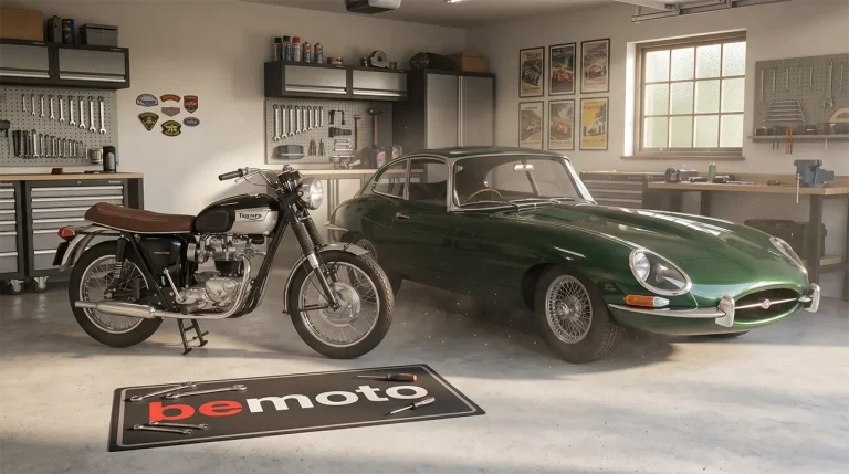 Classic car and motorbike in a garage protected by laid up insurance