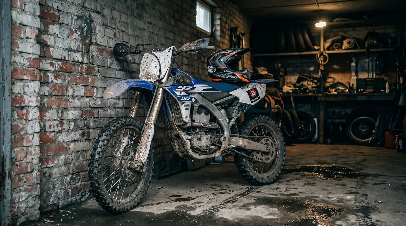 A dirty motocross bike stored in a garage.