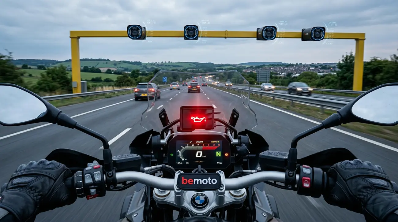 Rider perspective approaching a gantry equipped with 4D speed cameras.