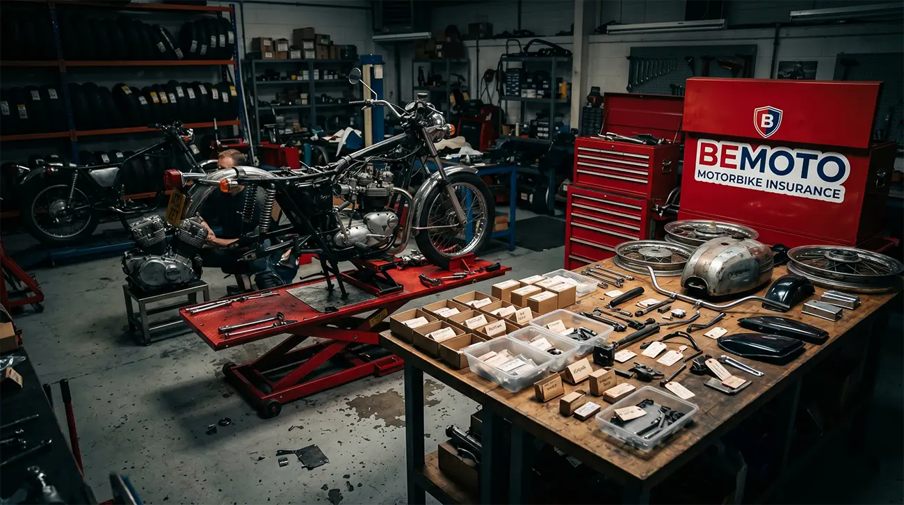 A project bike under reconstruction in a garage workshop.
