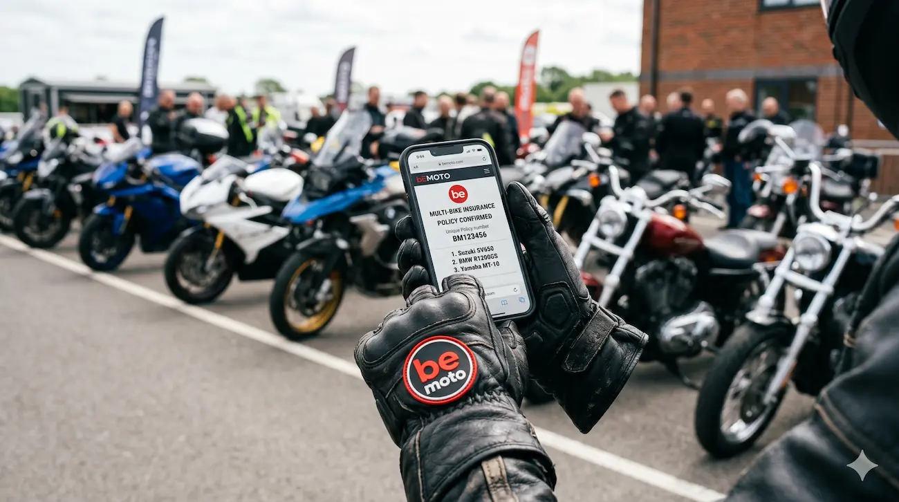 Rider using a phone to manage their multi bike insurance policy.