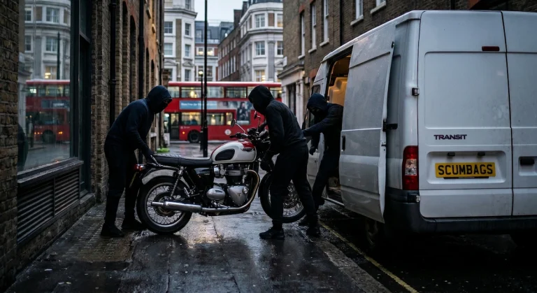A photojournalistic-style image capturing three masked figures quickly lifting a classic motorcycle into the open side door of a white transit van on a wet, dimly lit London street, illustrating the hard truth of UK motorcycle theft statistics.