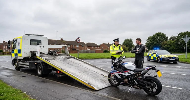 Section 59 motorcycle seizure - police recovery truck loading a bike
