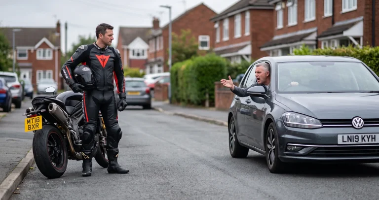 Car driver myths about bikers – motorcyclist stands calmly beside his bike as a driver leans out shouting on a UK residential street