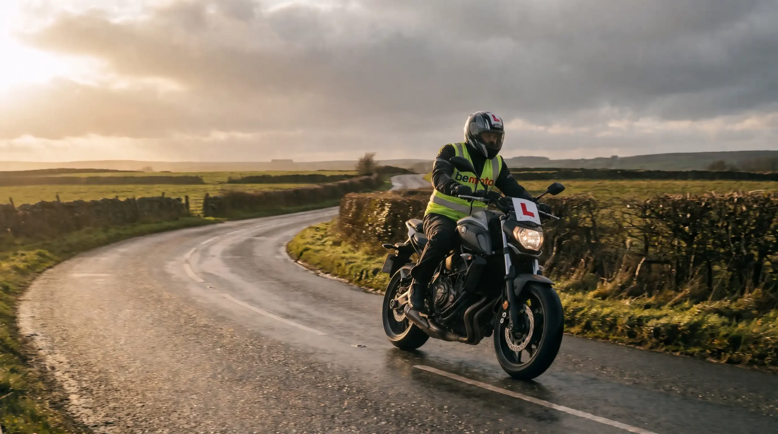 A learner motorcyclist navigating a damp rural road in the UK.