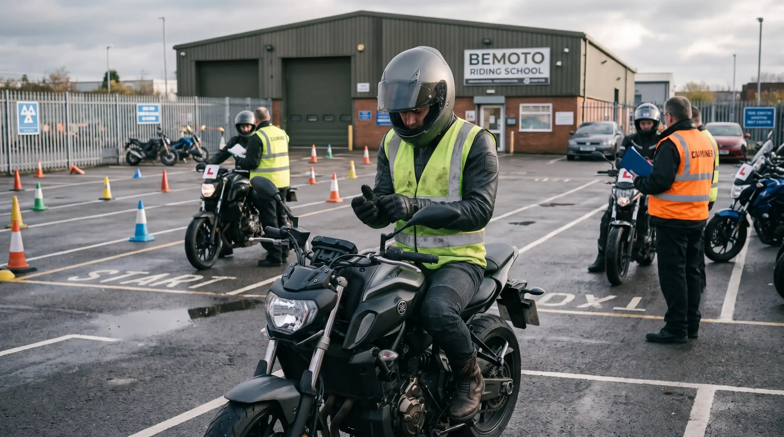 A motorcyclist wearing a hi-vis vest and full protective gear adjusts their glove while seated on a naked motorcycle at BeMoto Riding School.