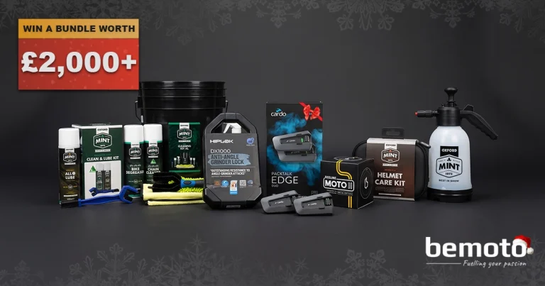 Motorbike Christmas giveaway bundle worth £2,000+, with a Cardo intercom, Hiplok D-lock, Beeline sat nav and Oxford Mint care kits