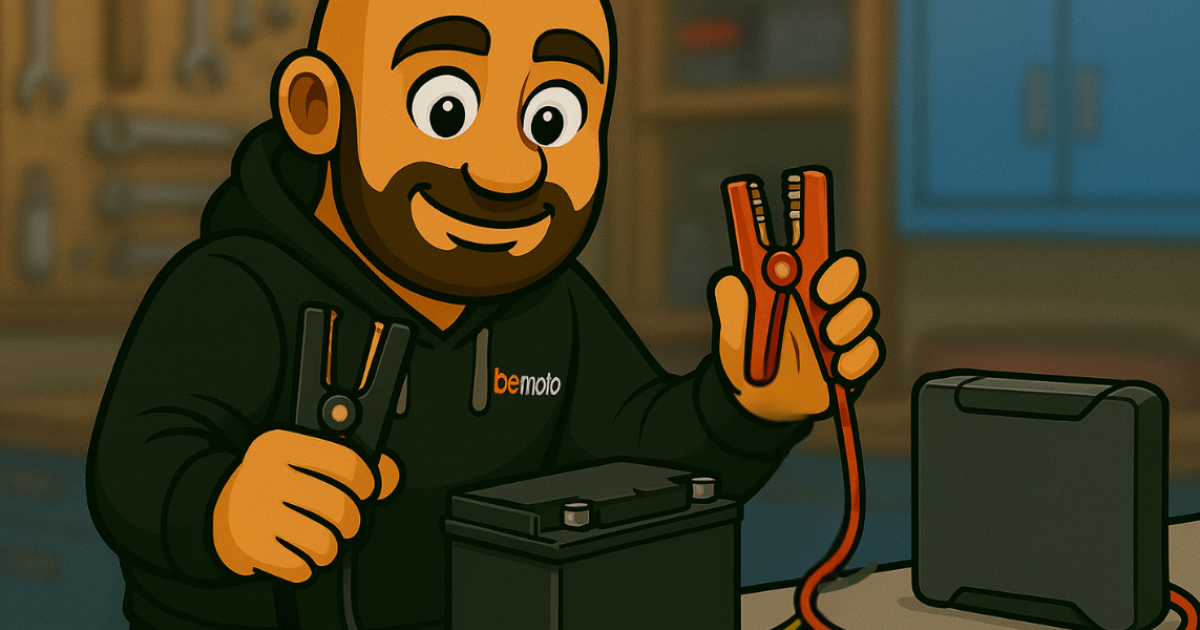 Battery Maintenance Tips by Motorbike Insurance Specialists, BeMoto Spanners, the cartoon BeMoto mechanic, holding charging cables and prepping a motorcycle battery in a garage, wearing BeMoto gear – Motorbike Insurance Specialists, BeMoto