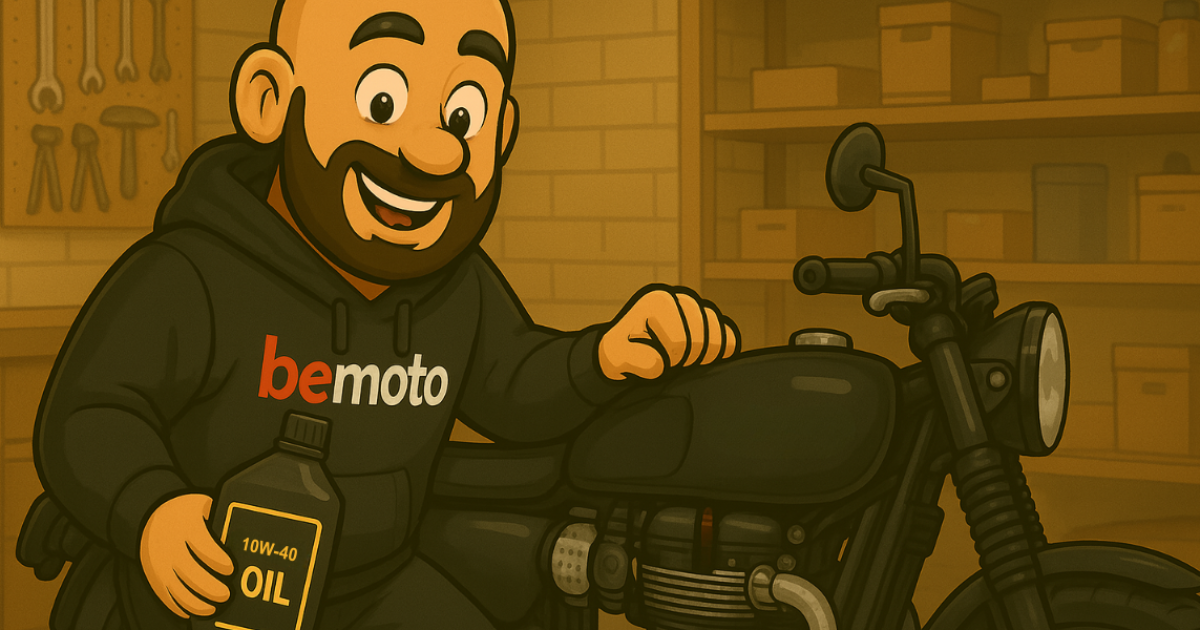 Check and Replace Motorbike Engine Oil by Motorcycle Insurance Specialists, BeMoto Spanners, the cartoon BeMoto motorbike mechanic wearing a "BeMoto" hoodie, holding a bottle of motorbike oil while working on his Triumph motorcycle inside a warmly lit garage.