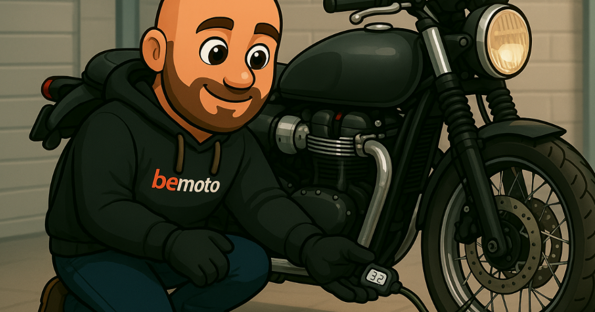Checking Motorbike Tyre Pressures by Motorbike Insurance Specialists, BeMoto Spanners, the cartoon BeMoto mechanic, smiling and checking tyre pressure on a retro style black motorbike in a garage – Motorbike Insurance Specialists, BeMoto