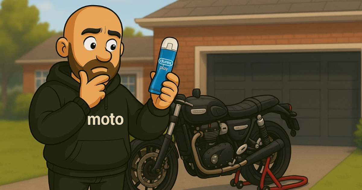Choosing the Right Motorbike Chain Lube by Motorbike Insurance Specialists, BeMoto Spanners, the cartoon BeMoto mechanic, looking confused whilst holding a Durex lubricant bottle near a motorbike, unsure if it’s chain lube – Motorbike Insurance Specialists, BeMoto