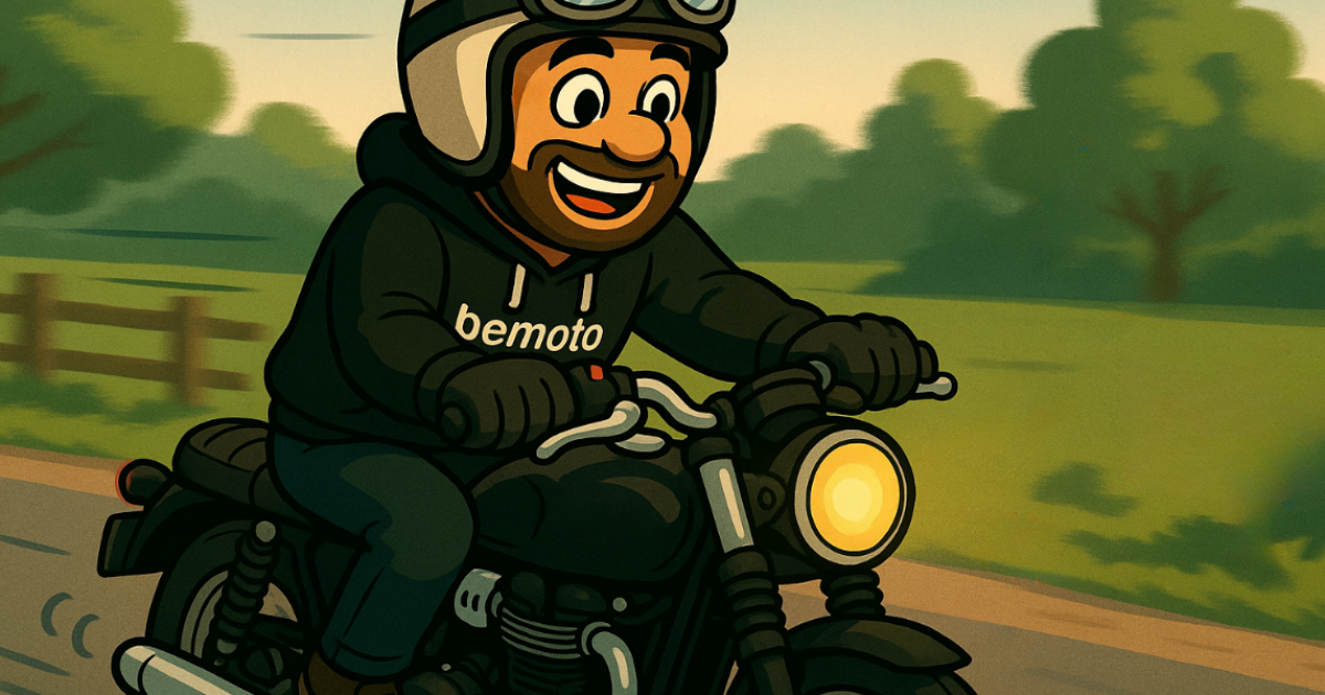 Feel the Freedom by Motorbike Insurance Specialists, BeMoto Spanners, the cartoon BeMoto mechanic, smiling and riding a motorbike through the countryside in a BeMoto hoodie and open face crash helmet – Motorbike Insurance Specialists, BeMoto