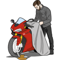An illustration of a man putting a blanket over his motorbike.