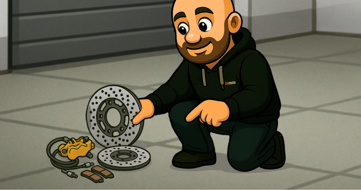 Motorbike Brake Check Basics by Motorbike Insurance Specialists, BeMoto Spanners, the cartoon BeMoto mechanic, examining motorbike brake discs and calipers while kneeling in a workshop – Motorbike Insurance Specialists, BeMoto