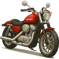 Illustration of a red custom cruiser motorcycle with BeMoto branding on the fuel tank, featuring a V-twin engine and classic bobber styling.