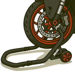 Motorbike paddock stand supporting the rear wheel for maintenance, cleaning, and secure storage.