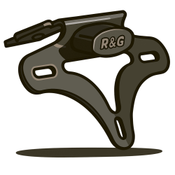 Cartoon-style illustration of an R&G motorcycle tail tidy. The metal bracket is shown in a semi-realistic 3D style with smooth grey and black shading and bold outlines. The R&G logo is visible on the central rubber mount. A soft shadow sits directly underneath, making it appear as though the part is resting on a flat surface. The background is plain white.