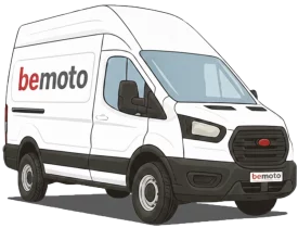 Illustration of a white Ford Transit high-top van with BeMoto branding on the side panel and license plate, used for BeMoto van insurance services.
