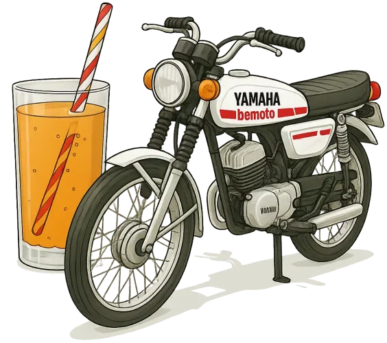 An illustration of a classic white Yamaha FS1-E Fizzy moped parked next to a large glass of fizzy orange soda with a striped straw, featuring BeMoto branding.